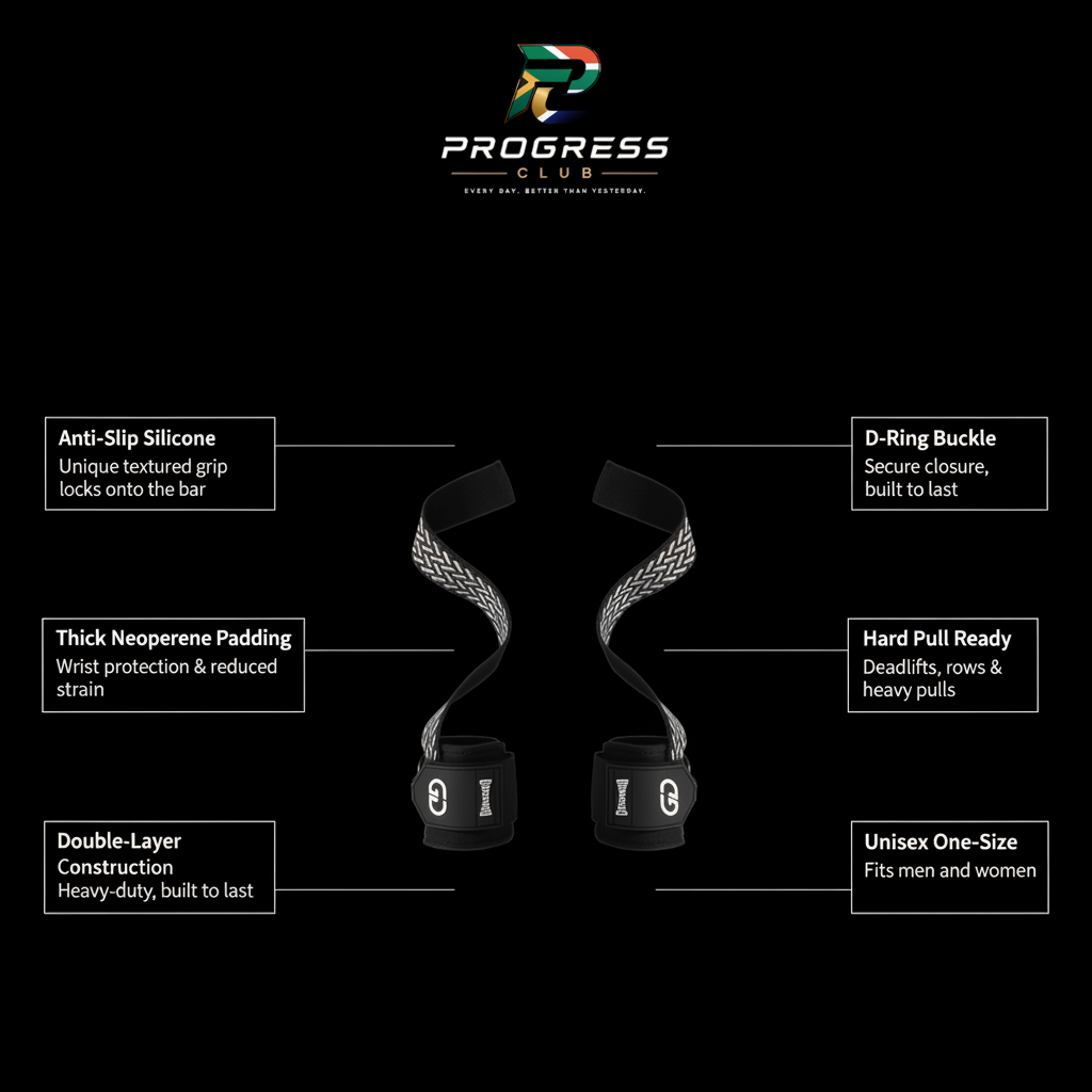 Progress Club PR Lifting Straps - 6 Feature Infographic