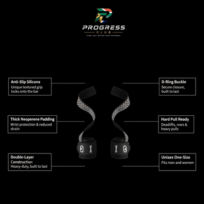 Progress Club PR Lifting Straps - 6 Feature Infographic